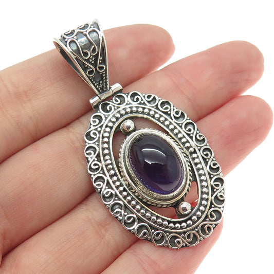 925 Sterling Silver Vintage Real Cabochon Amethyst Swirl Oxidized Pendant