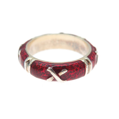925 Sterling Silver 2-Tone Vintage Red Enamel X Band Ring Size 7.25