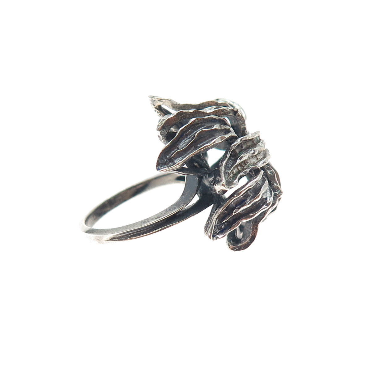 925 Sterling Silver Vintage Modernist Flower Oxidized Ring Size 6