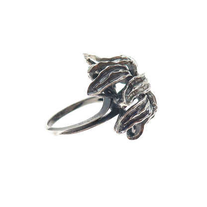 925 Sterling Silver Vintage Modernist Flower Oxidized Ring Size 6