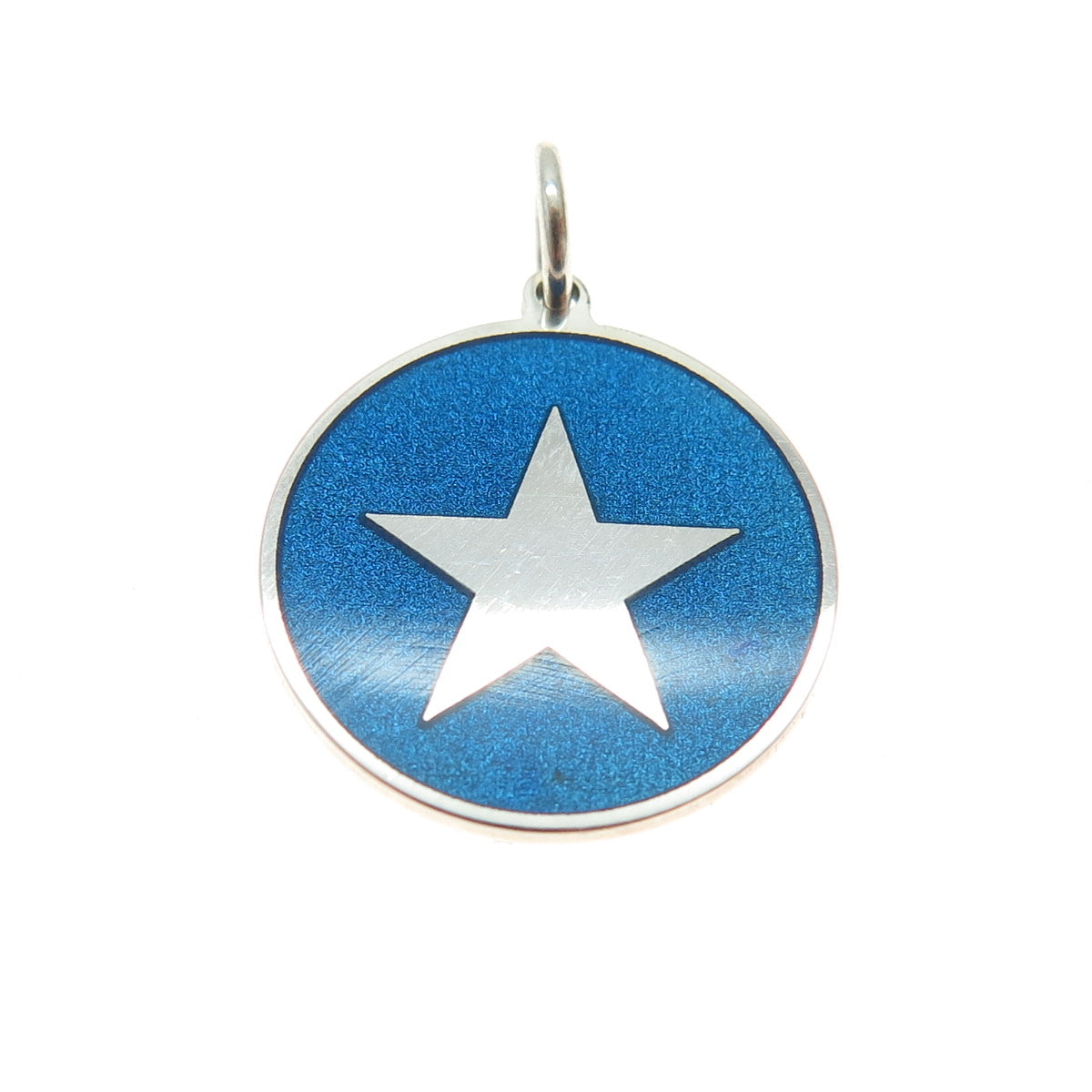 925 Sterling Silver Blue Enamel Star Minimalist Round Tag Charm Pendant