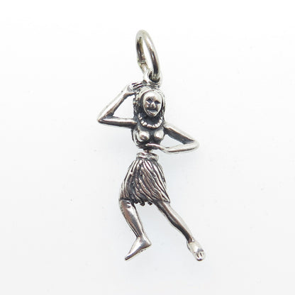 925 Sterling Silver Vintage Hula Dancing Woman Moving 3D Pendant