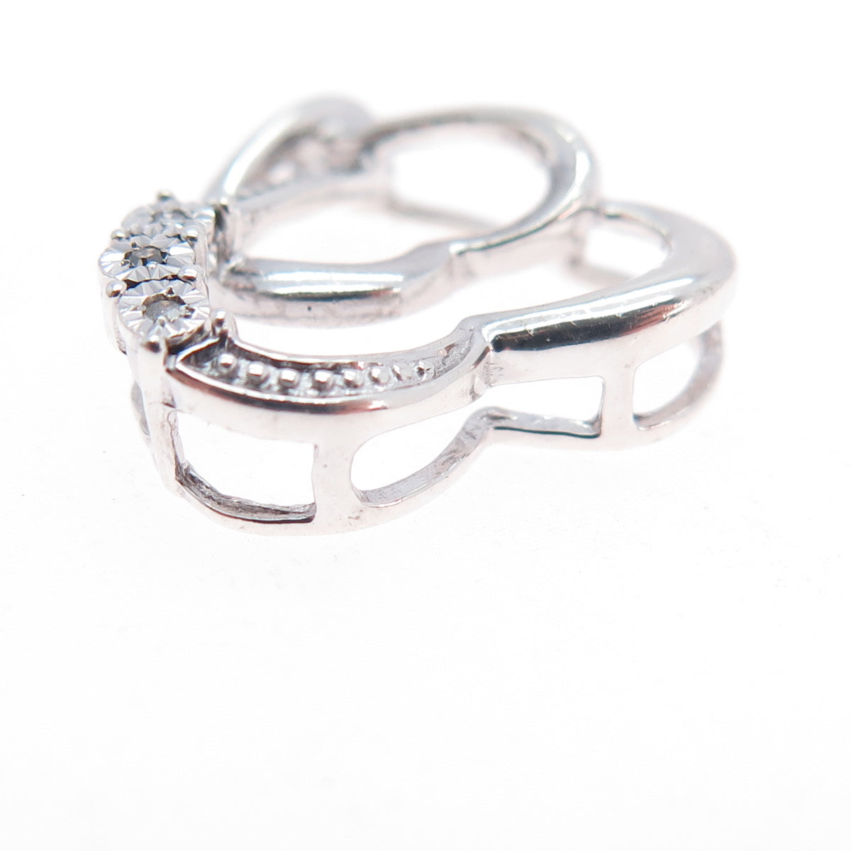 925 Sterling Silver Real Round-Cut Diamond Double Heart Mini Slide Charm Pendant