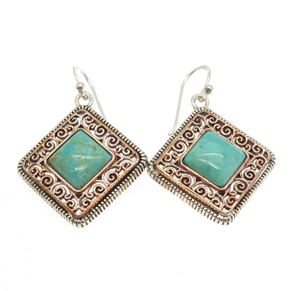 BARSE 925 Sterling Silver 2-Tone Vintage Real Turquoise Ornate Dangling Earrings