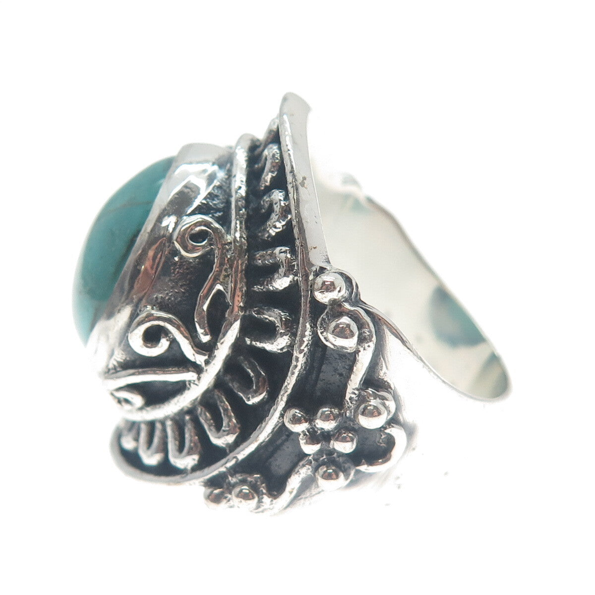 925 Sterling Silver Vintage Real Mountain Turquoise Sun Oxidized Ring Size 10.25