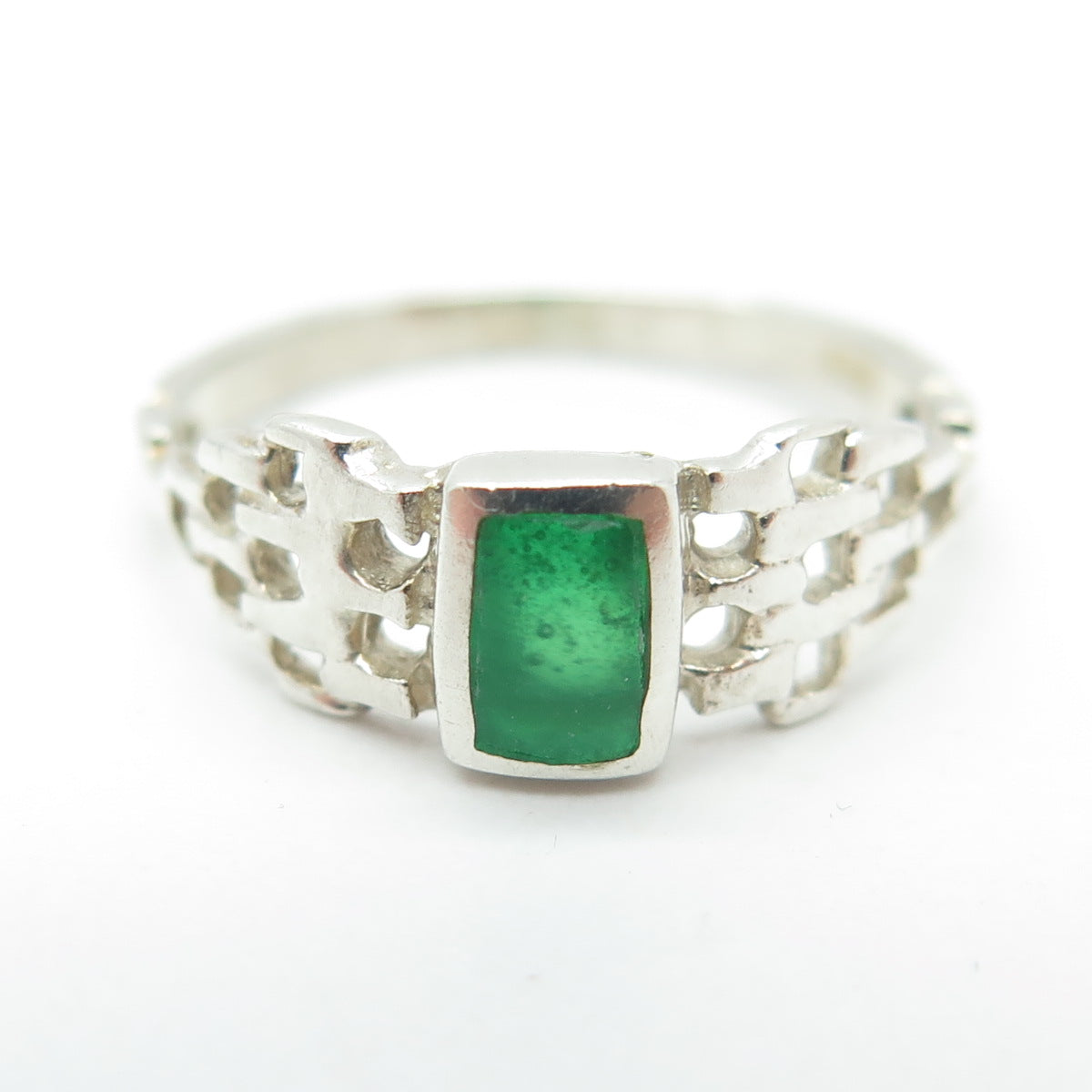 925 Sterling Silver Vintage Real Green Onyx Mesh Ring Size 7.5