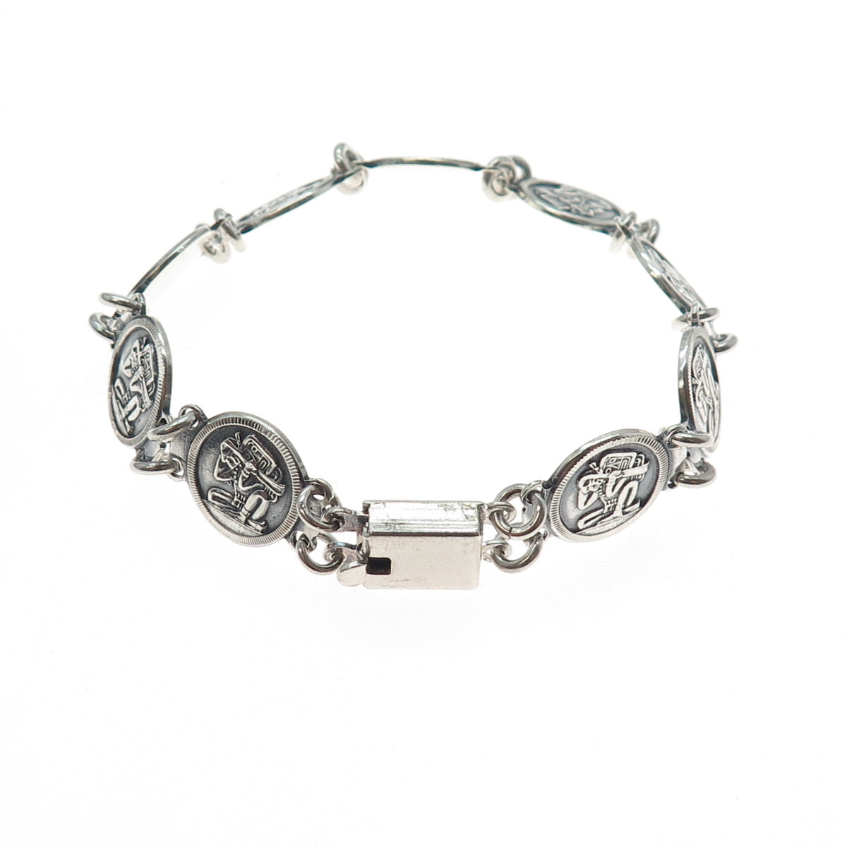 925 Sterling Silver Vintage Mexico Aztec God Oxidized Coin Link Bracelet 7"