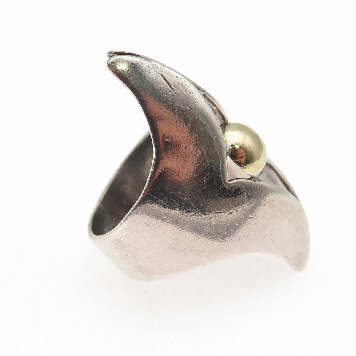 925 Sterling Silver 14K Gold Vintage Modernist Oxidized Ring Size 6.25
