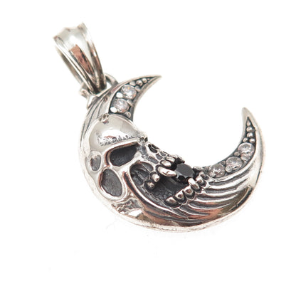 925 Sterling Silver Vintage Real Black Spinel & C Z Skull Crescent Biker Pendant