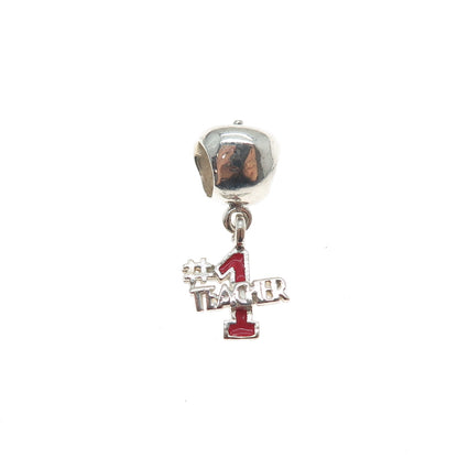 REFLECTION BEADS 925 Sterling Silver Enamel #1 Teacher Apple Slide Dangle Charm