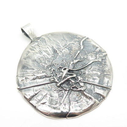 925 Sterling Silver Vintage Brutalist Modernist Large Round Pendant