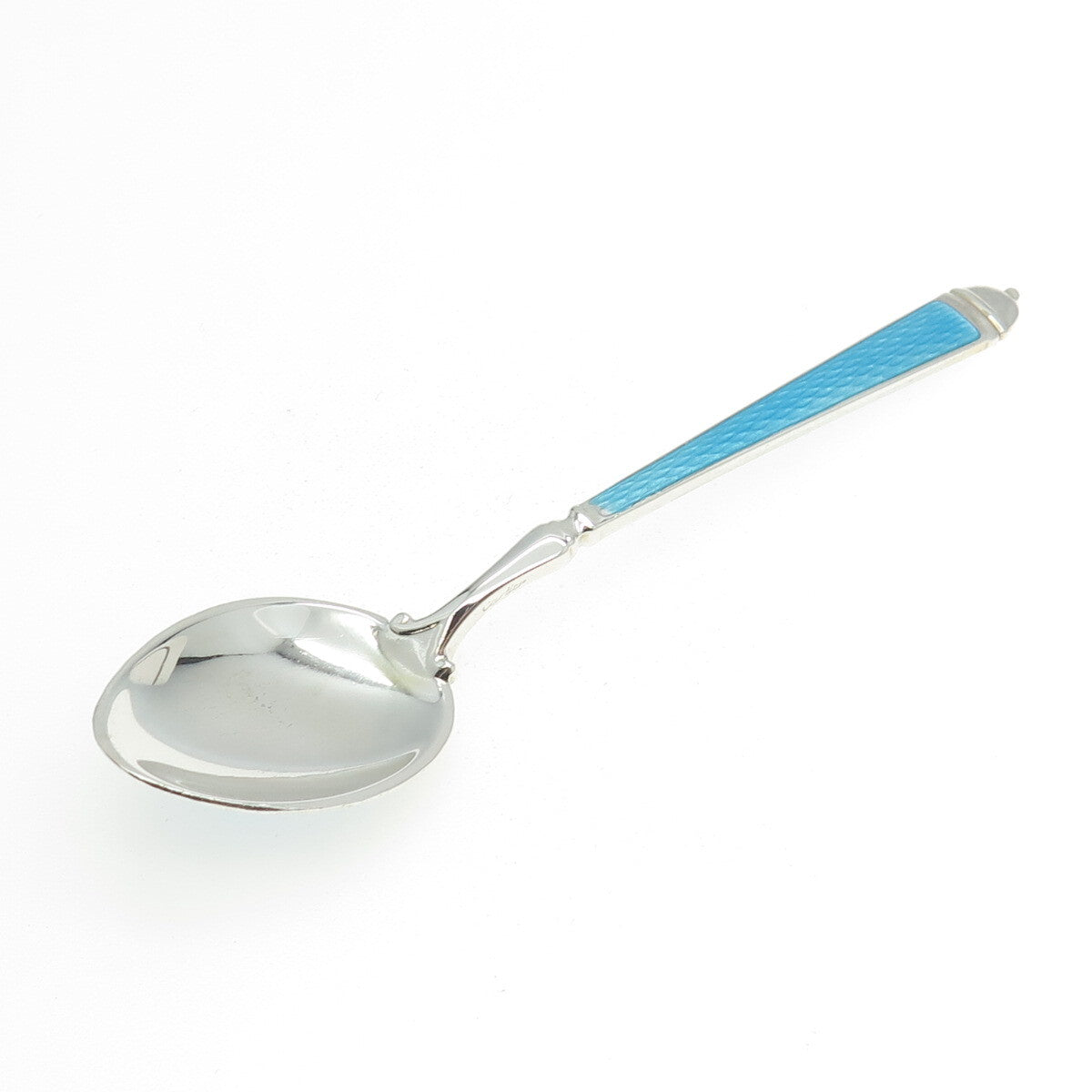 WATSON 925 Sterling Silver Vintage Blue & White Guilloche Enamel Coffee Spoon