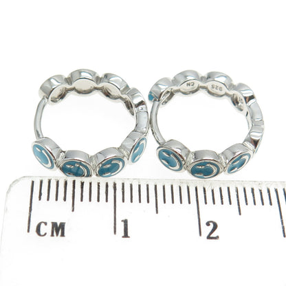 925 Sterling Silver Blue Enamel Smiley Face Huggie Earrings