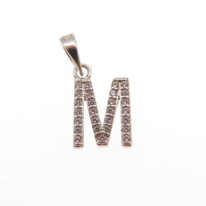 925 Sterling Silver Round-Cut C Z Letter M Initial Mini Charm Pendant