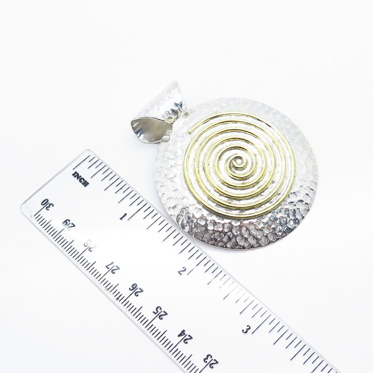 925 Sterling Silver 2-Tone Vintage Mexico Hammered Swirl Round Pendant