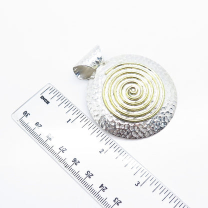 925 Sterling Silver 2-Tone Vintage Mexico Hammered Swirl Round Pendant