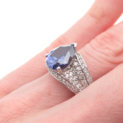 925 Sterling Silver Blue & White C Z Teardrop Ring Size 6