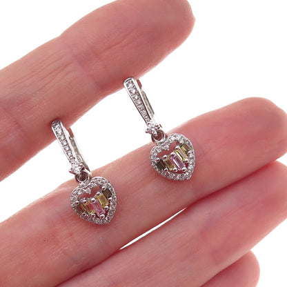 925 Sterling Silver Multi-Color C Z Heart Dangle Earrings