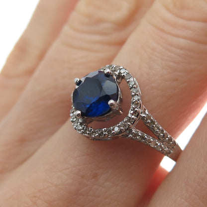 925 Sterling Silver Real Round-Cut Diamond Sapphire Hook & Eye Ring Size 7.75