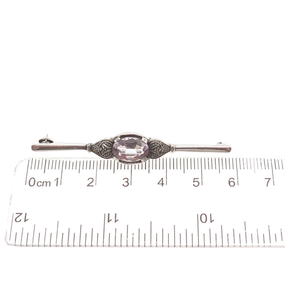 835 Silver Vintage Real Oval-Cut Amethyst Oxidized Bar Pin Brooch