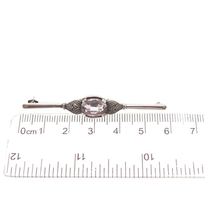 835 Silver Vintage Real Oval-Cut Amethyst Oxidized Bar Pin Brooch