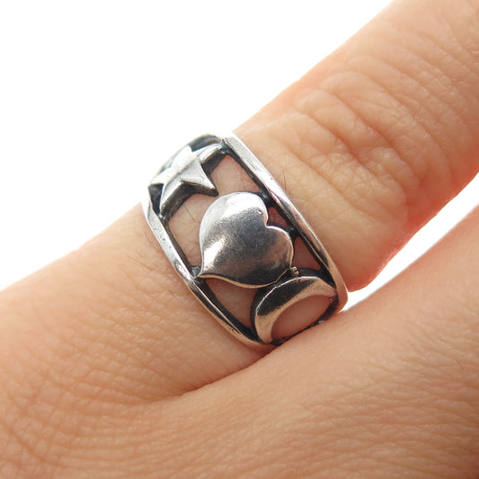 925 Sterling Silver Vintage Star Heart & Crescent Oxidized Ring Size 5