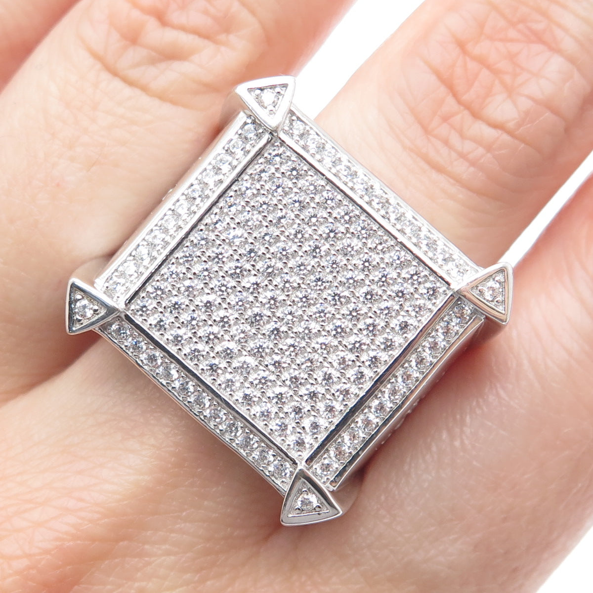 925 Sterling Silver Round-Cut Shaped C Z Cross Accent Square Wide Ring Size 10.5