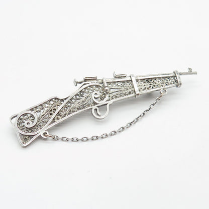 925 Sterling Silver Vintage Rifle Ornate Pin Brooch