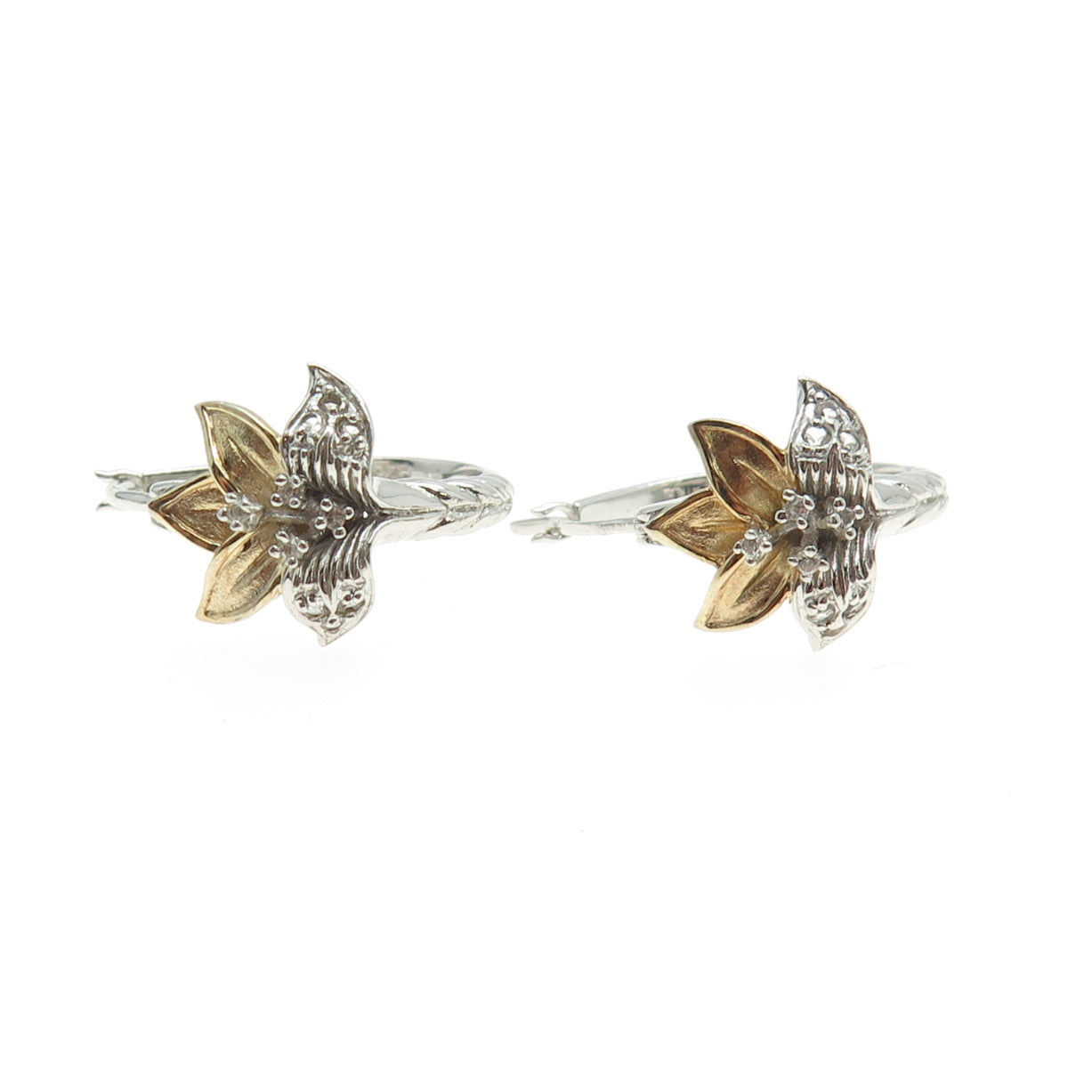 925 Sterling Silver 2-Tone Real Round-Cut Diamond Lily Flower Hoop Earrings