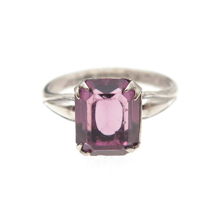 Uncas 925 Sterling Silver Antique Art Deco Emerald-Cut Rhinestone Ring Size 7