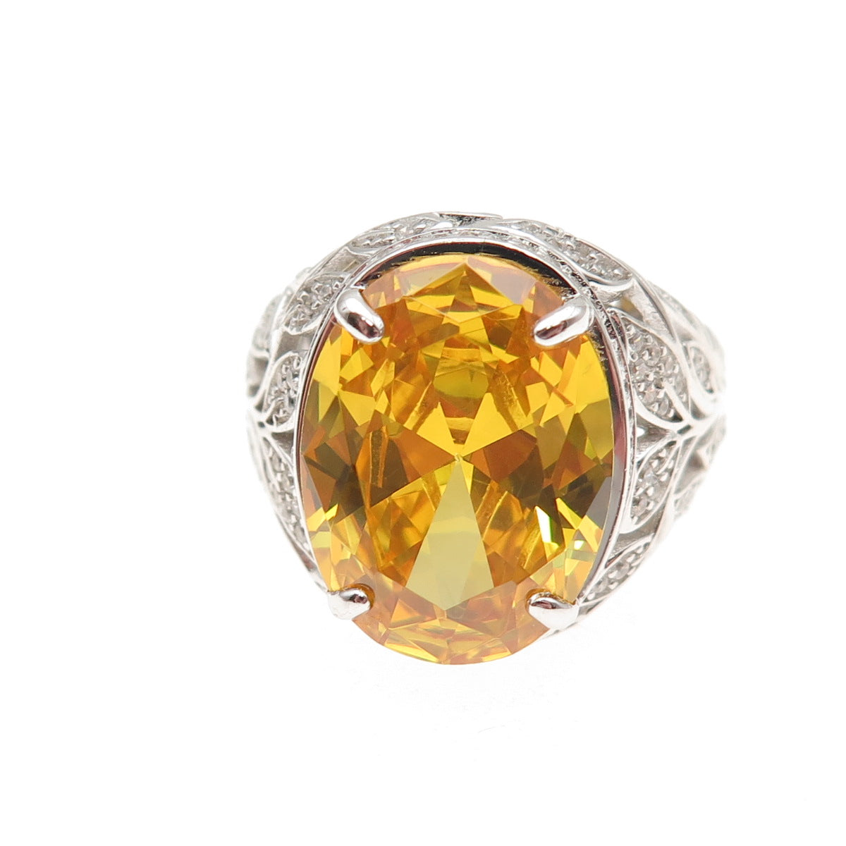 925 Sterling Silver Oval-Cut Canary & Round-Cut White C Z Ring Size 7.25