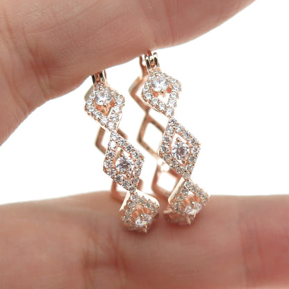 925 Sterling Silver Rose Gold Plated Pave C Z Hinged Hoop Earrings