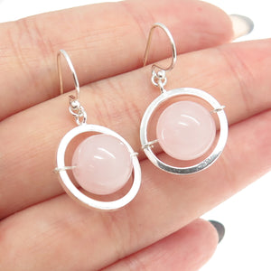 925 Sterling Silver Real Rose Quartz Saturn Dangling Earrings