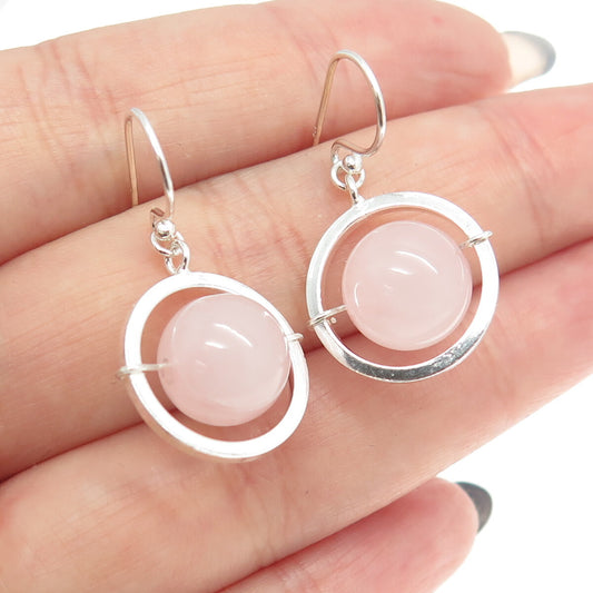 925 Sterling Silver Real Rose Quartz Saturn Dangling Earrings