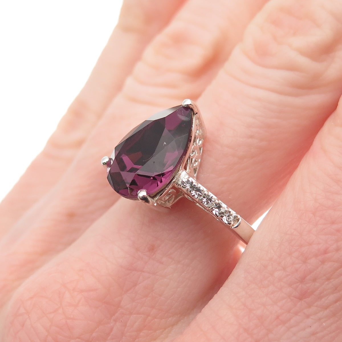 Chuck Clemency Sterling Silver Purple & White Rhinestone Teardrop Ring Size 9