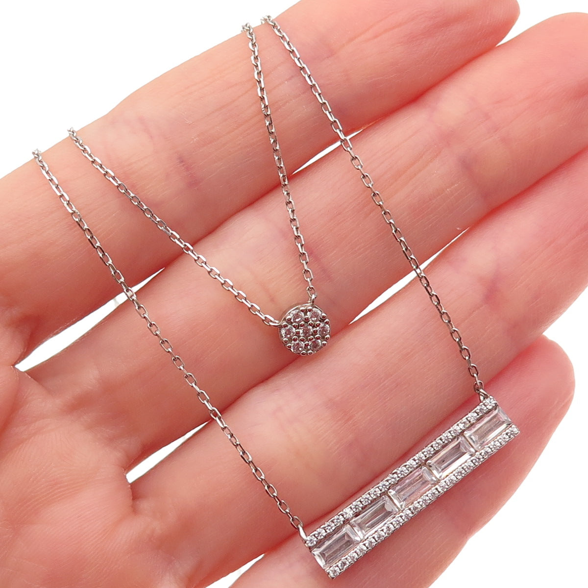 925 Sterling Silver Round & Emerald-Cut C Z Double Cable Chain Necklace 14-18"