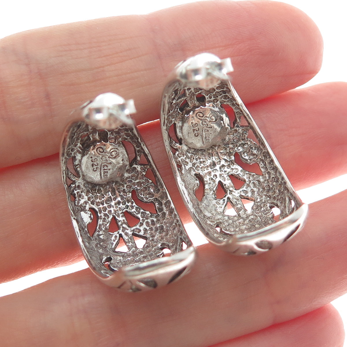 JEZLAINE 925 Sterling Silver Vintage Real Rhodonite Gem Floral Oxidized Earrings