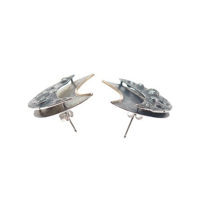VICTOR ALFARO 925 Sterling Silver Vintage Modernist Crescent Oxidized Earrings