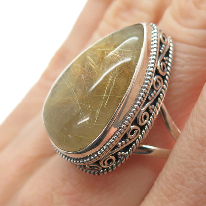 925 Sterling Silver Vintage Real Rutilated Quartz Spiral Oxidized Ring Size 10