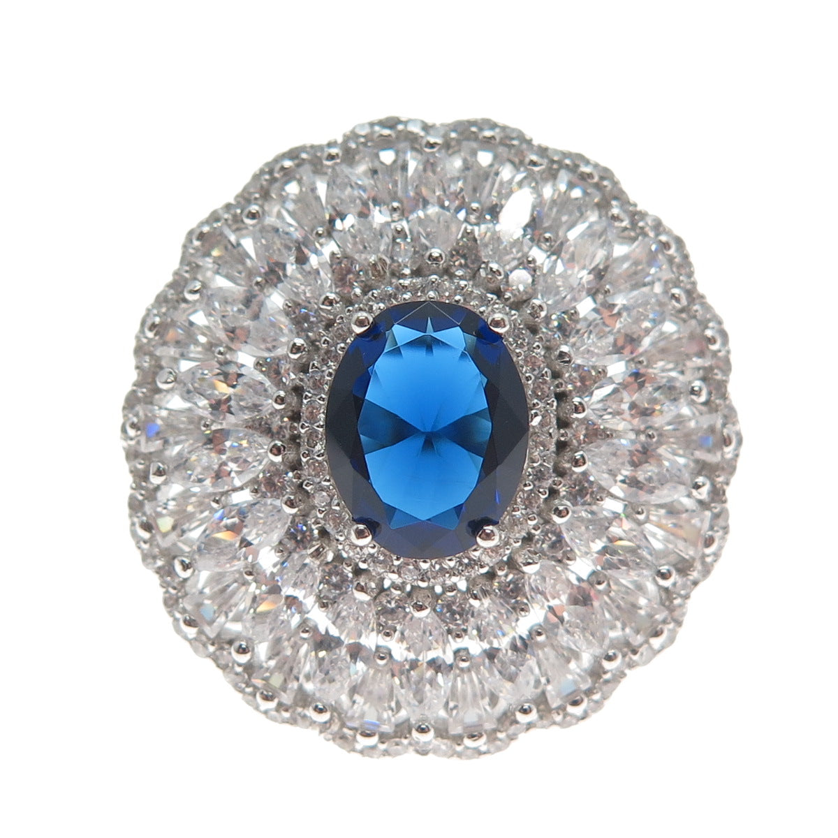 DSMK 925 Sterling Silver White & Blue Multi-C Z Cluster Statement Ring Size 7.25