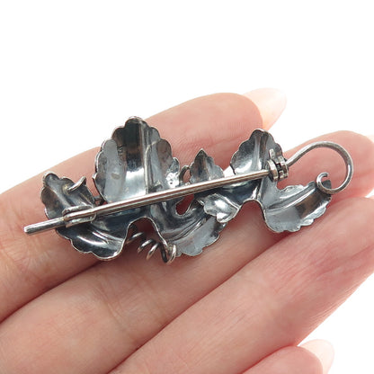 925 Sterling Silver Antique Art Deco Grape Leaves Oxidized Pin Brooch