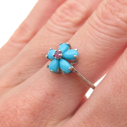 Chuck Clemency 925 Sterling Silver Real Turquoise & Ruby Flower Ring Size 8
