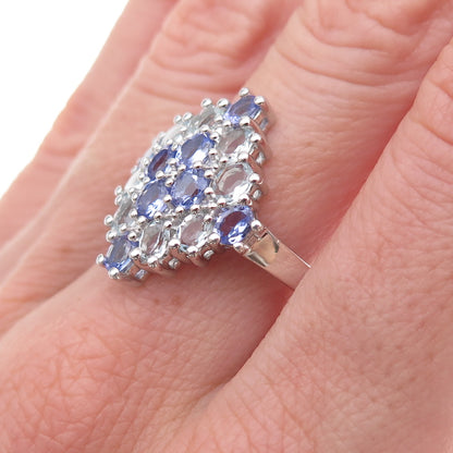 925 Sterling Silver Real Tanzanite & Blue Topaz Cluster Ring Size 8