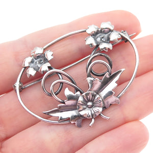 925 Sterling Silver Antique Art Deco Flower Oxidized Pin Brooch