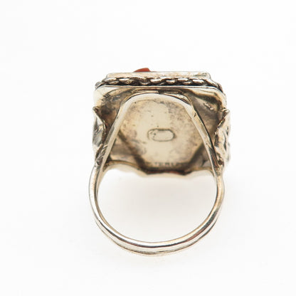 925 Sterling Silver Gold Plated Antique Art Deco Coral Warrior Cameo Ring Size 5
