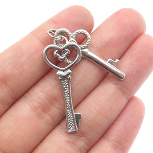 925 Sterling Silver Real Diamond Heart & Club Key Double Charm Pendant
