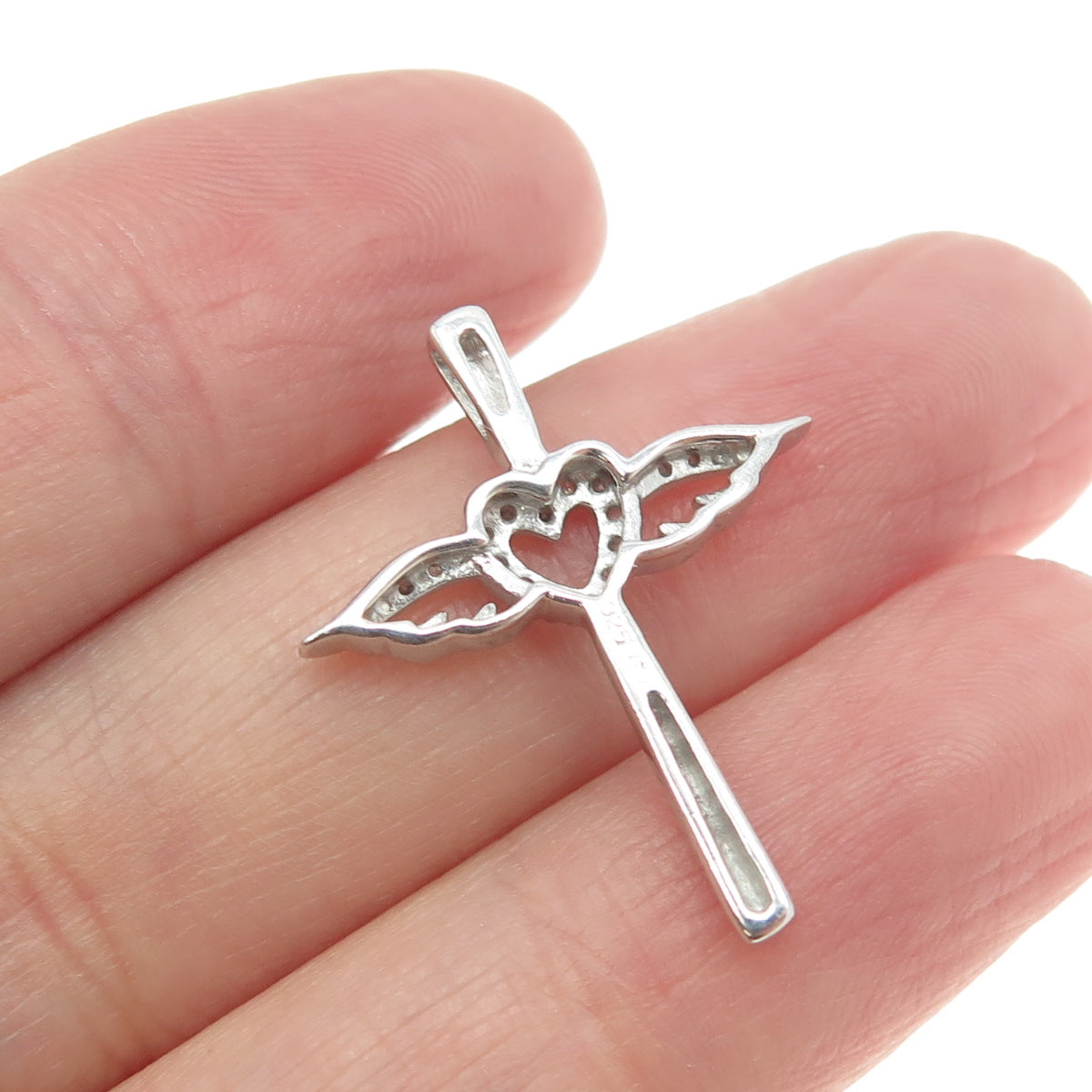 925 Sterling Silver Real Round-Cut Diamond Cross Heart Angel Wings Pendant