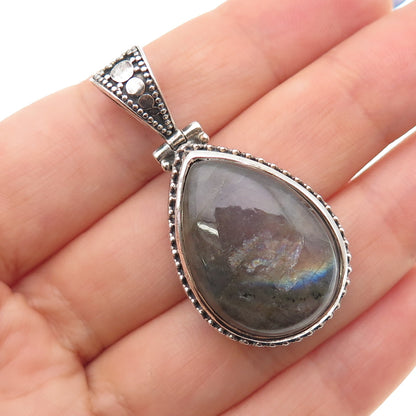 925 Sterling Silver Vintage Real Pear-Cut Labradorite Ornate Oxidized Pendant