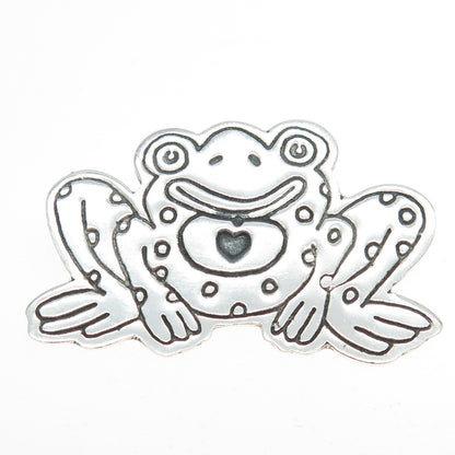 925 Sterling Silver Vintage Mexico Frog Heart Lucky Pin Brooch