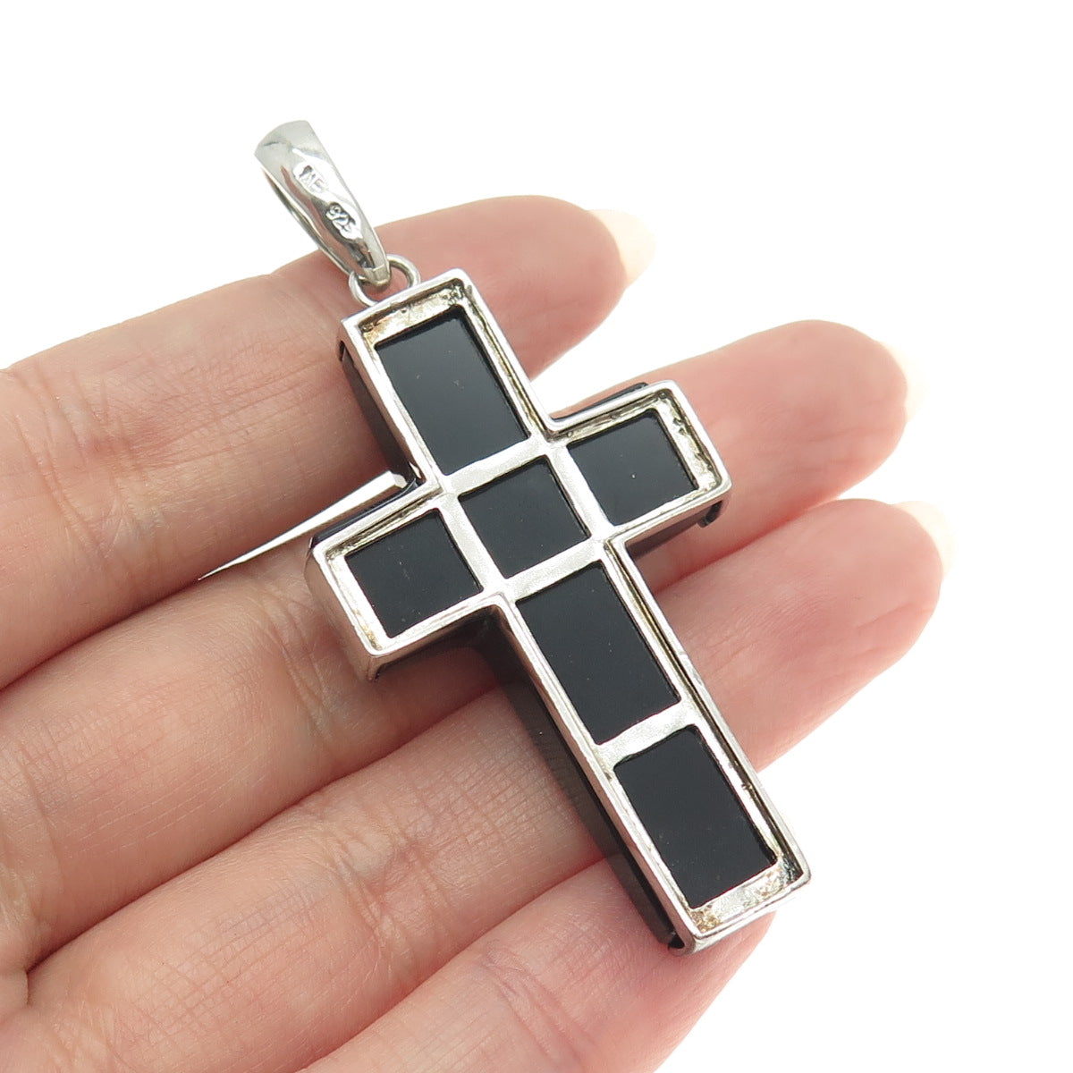 CHAPAL ZENRAY 925 Sterling Silver Vintage Real Black Onyx Gem Cross Pendant